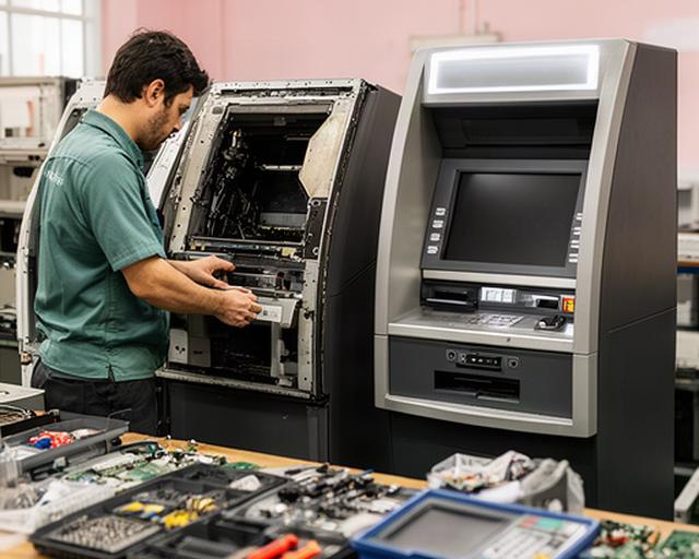 Technician inspecting an ageing ATM beside a restored machine in a Singapore service workshop